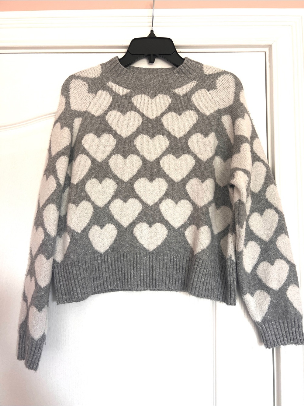 Old Navy Gray and Cream Heart Pattern Sparkle Crewneck Sweater